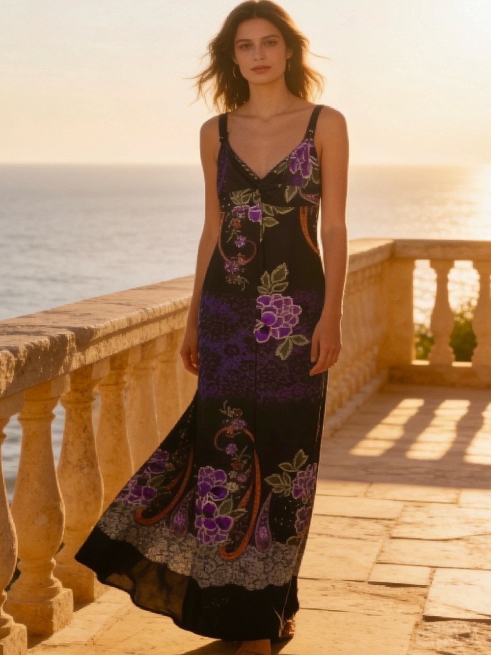 Stunning,purple & black large bloom floral maxi dress,bead strap,layering piece